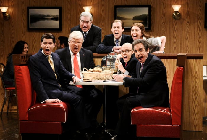 Mikey Day as Donald Trump Jr., Alec Baldwin as President Donald Trump, Robert De Niro as Robert Mueller, Alex Moffat as Eric Trump, Heidi Gardner, Kate McKinnon as Rudy Giuliani and Ben Stiller as Michael Cohen during Season 43’s “Trump Mueller Cold Open.” Photo: Will Heath/NBC