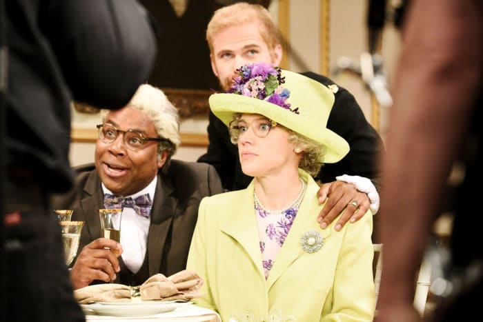Kenan Thompson as Meghan Markle's grandfather, Mikey Day as Prince Harry and Kate McKinnon as Queen Elizabeth during Season 43's "Royal Wedding." Photo: Will Heath/NBC