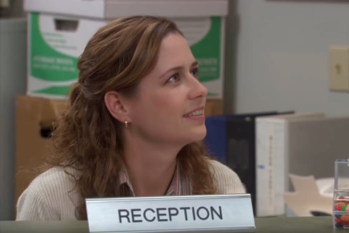 "The Office"'s Pam Beesly, in Season 2, Episode 18, "Take Your Daughter to Work Day." Screengrab: YouTube