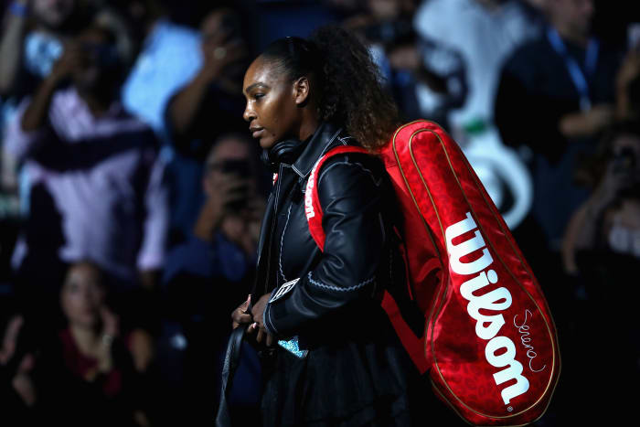 Serena Williams takes the court in Nike x Virgil Abloh on Day 1 of the U.S. Open in Flushing, Queens. Photo: Julian Finney/Getty Images