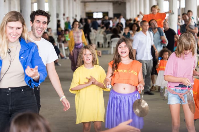 Zoe Latta, Mike Eckhaus and the cast of children who helped create their label's Spring 2019 runway soundtrack. Photo: Imaxtree
