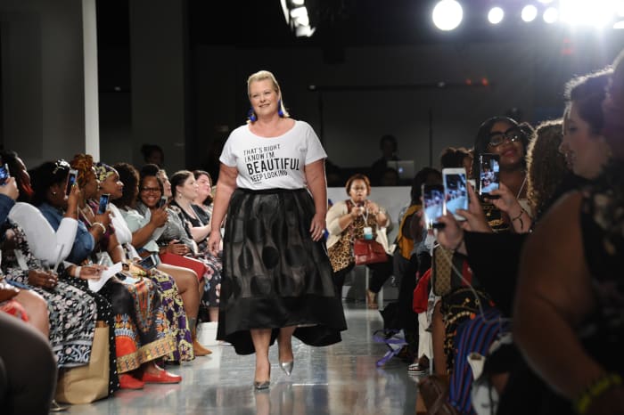 A model walks the runway for the #TeeUpChange campaign launch at The Curvy Con on Friday in New York City. Photo: Daniel Zuchnik/Getty Images for Dia&Co