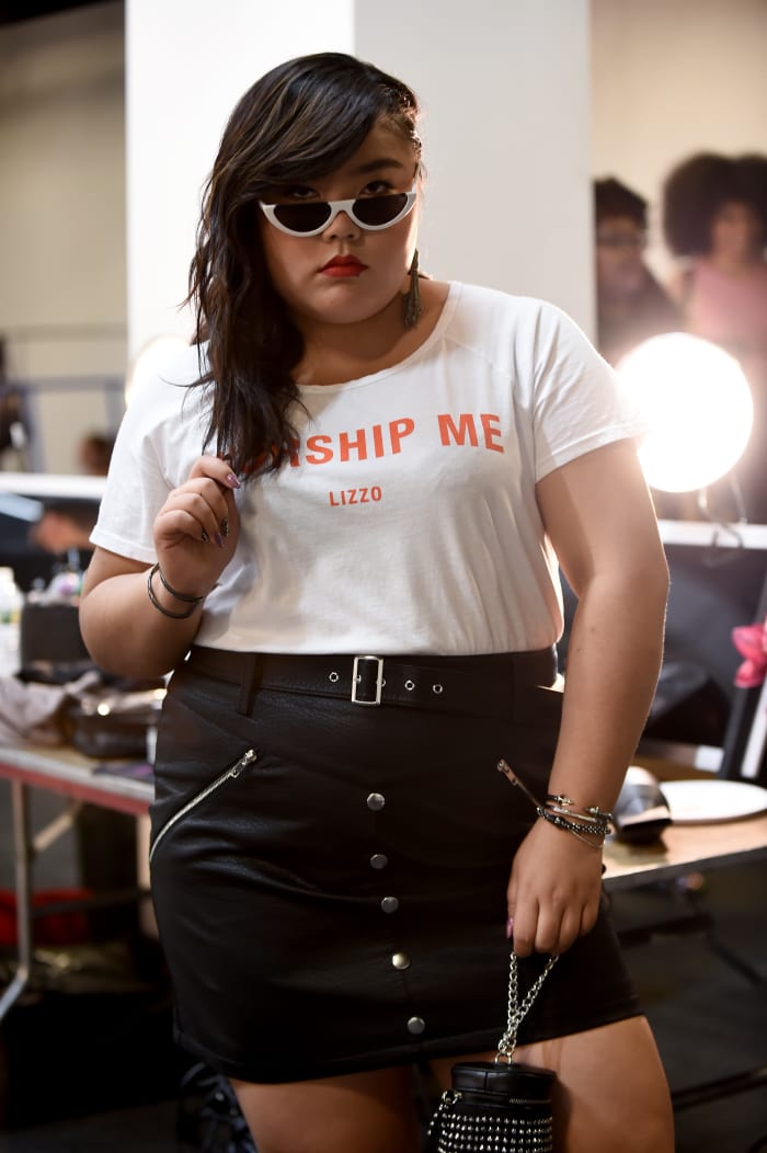 A model poses backstage during the #TeeUpChange campaign launch. Photo: Daniel Zuchnik/Getty Images for Dia&Co