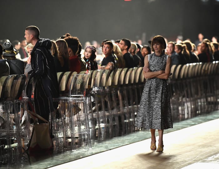 Anna Wintour waiting for the show to start. She stayed. Photo: Dimitrios Kambouris/Getty Images for Marc Jacobs