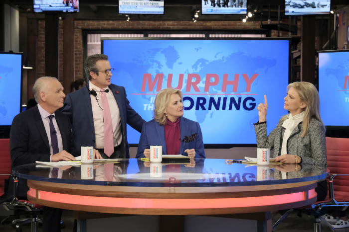 Frank (Joe Regalbuto), Miles (Grant Shaud), Murphy Brown (Candice Bergen) and Corky (Faith Ford). Photo: Jojo Whilden/CBS