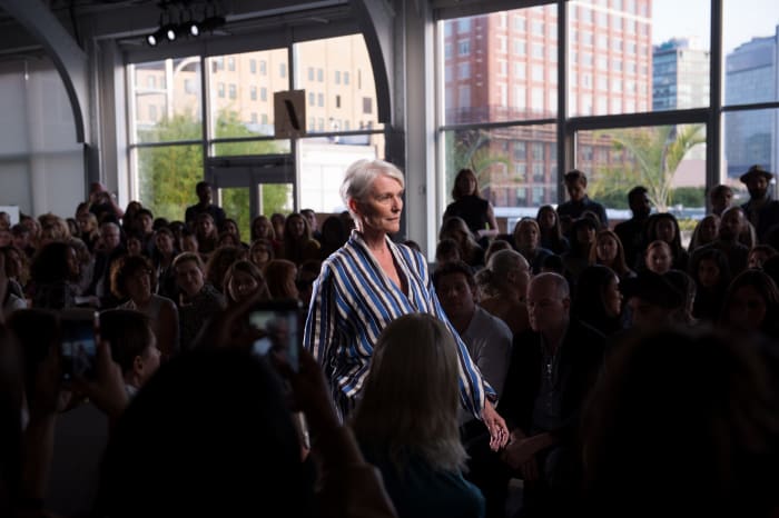 Maye Musk walking in the Spring 2018 Zero + Maria Cornejo runway show. Photo: Noam Galai/Getty Images