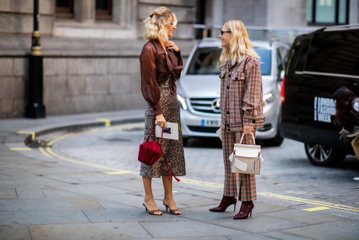 AnneLaure Mais Moureau and Jessie Bush during London Fashion Week's Spring 2019 season. Photo: Christian Vierig/Getty Images