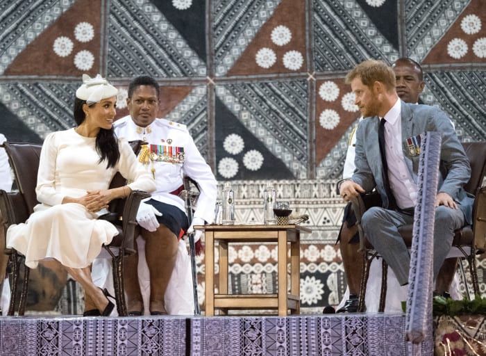 The Duke and Duchess of Sussex attend an official welcome ceremony in Suva, Fiji's Albert Park on Tuesday. Photo: Pool/Samir Hussein/WireImage