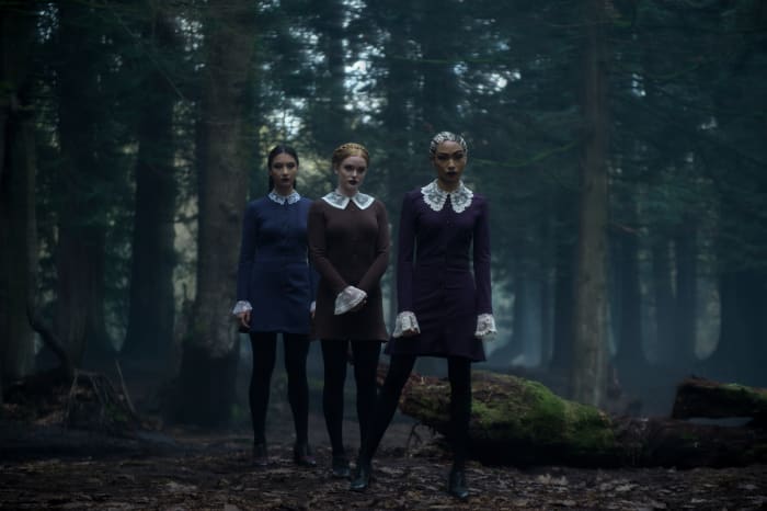 Wednesdays (actually most days) are Victorian lace collar days. Agatha (Adeline Rudolph), Dorcas (Abigail F. Cowen), Prudence (Tati Gabrielle). Photo: Diyah Pera/Courtesy of Netflix