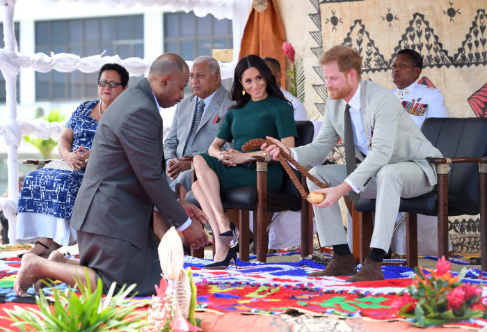 Duchess of Sussex Meghan Markle and Duke of Sussex Prince Harry attend an official welcome ceremony at the Nadi Airport in Nadi, Fiji on Thursday. Photo: Karwai Tang/WireImage