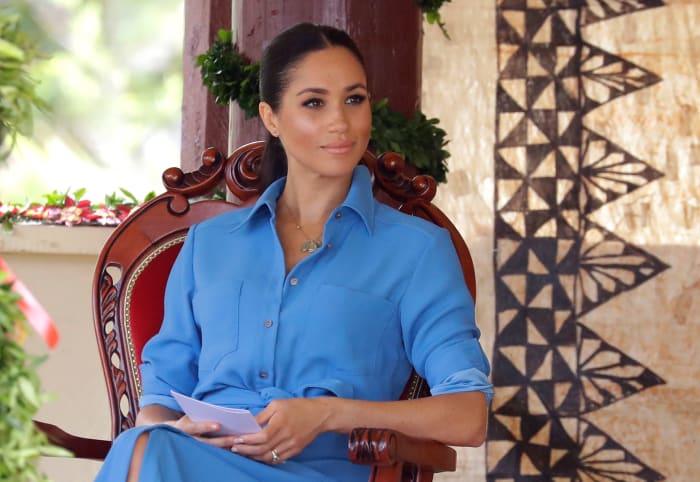 Meghan Markle (in Veronica Beard) at Tupou College in Nuku'alofa, Tonga. Photo: Kirsty Wigglesworth - Pool/Getty Images