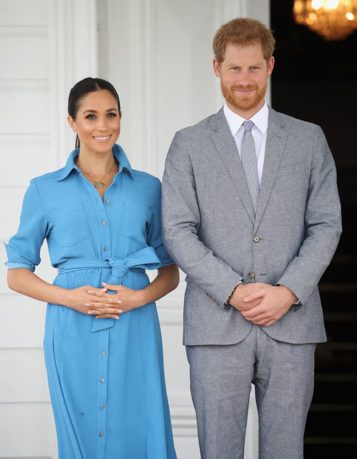 Meghan Markle (in Veronica Beard) and Prince Harry at Tupou College in Nuku'alofa, Tonga. Photo: Chris Jackson/Getty Images