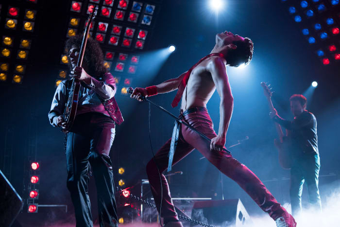 Brian May (Gwilym Lee), Freddie and John Deacon (Joseph Mazello). Photo: Alex Bailey TM & © 2018 Twentieth Century Fox Film Corporation