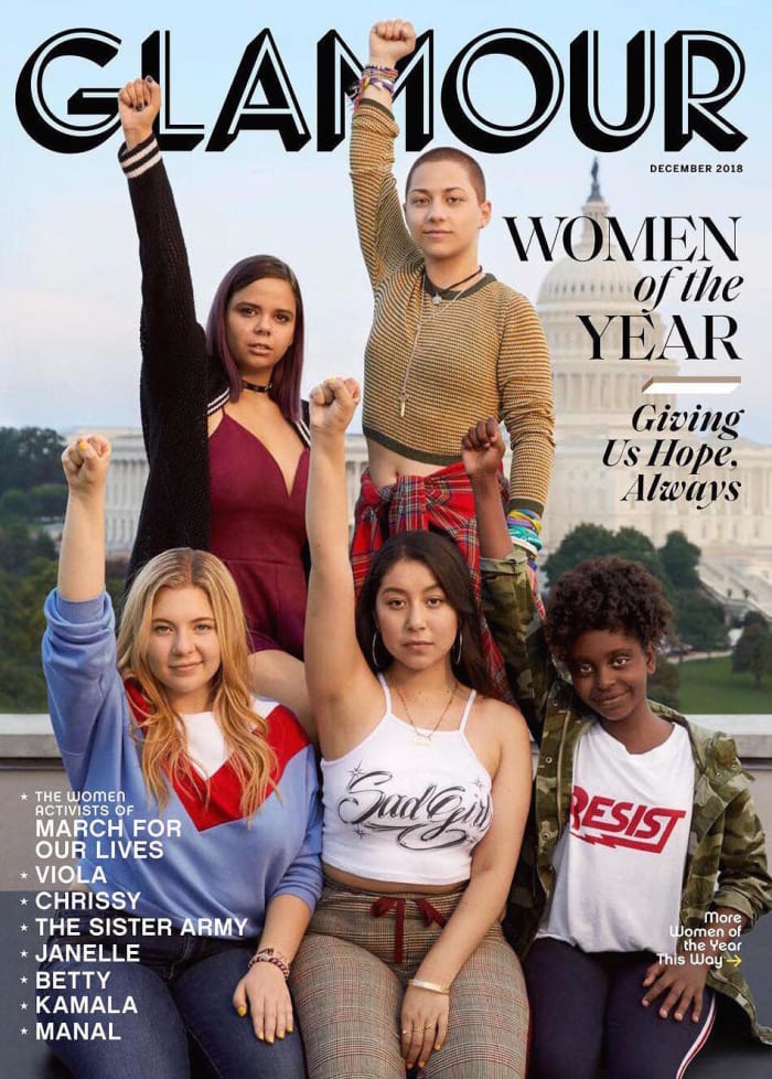 Samantha Fuentes, Emma González, Jaclyn Corin, Edna Chavez and Naomi Wadler on the December cover of "Glamour." Photo: Danielle Levitt