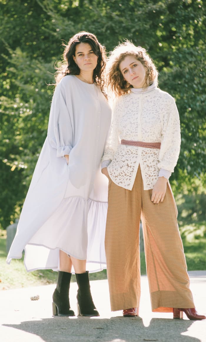 JJ Mitchell and Hana Elion of Overcoats wearing Mr. Larkin, styled by Emily Ruane. Photo: Whitney Bauck/Fashionista