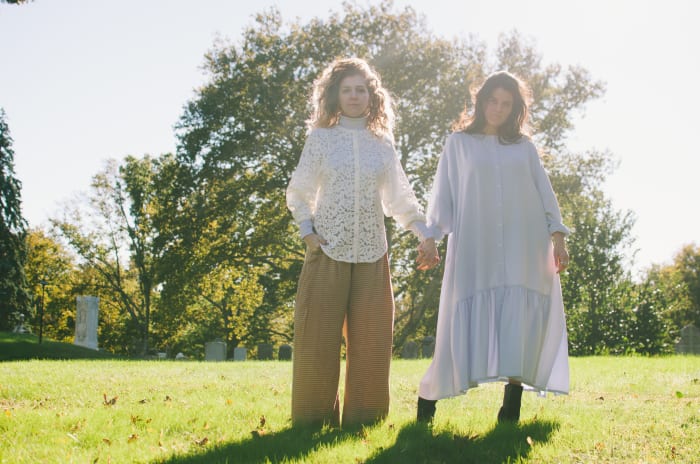 Hana Elion and JJ Mitchell of Overcoats wearing Mr. Larkin, styled by Emily Ruane. Photo: Whitney Bauck/Fashionista