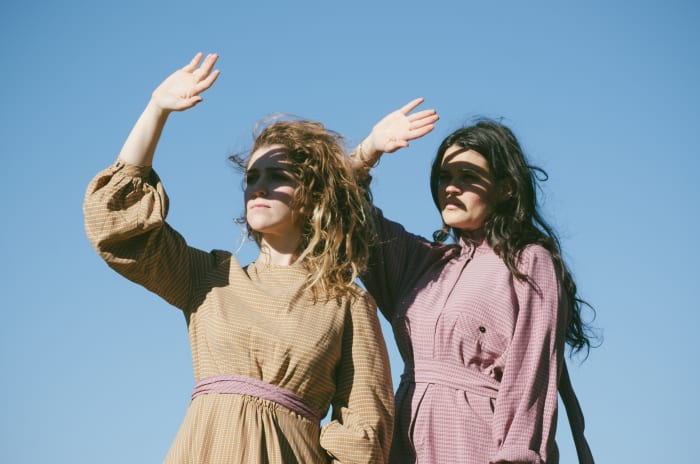 Hana Elion and JJ Mitchell of Overcoats wearing Mr. Larkin, styled by Emily Ruane. Photo: Whitney Bauck/Fashionista