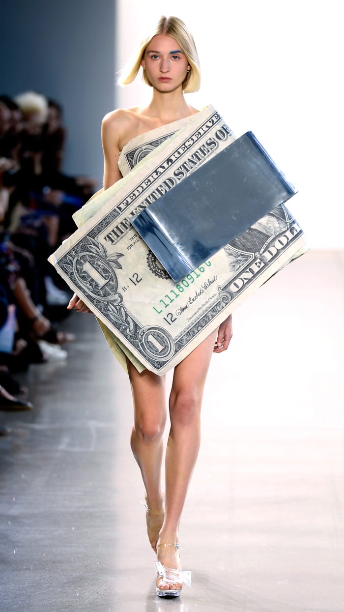 Parsons MFA designer Kota Okuda sent a model down the runway in a money clip, because capitalism! Photo: Fernanda Calfat/Getty Images
