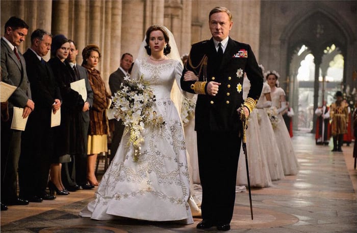 Elizabeth and her father, King George VI (Jared Harris) during her wedding on 'The Crown'. Photo: @thecrownnetflix/Instagram