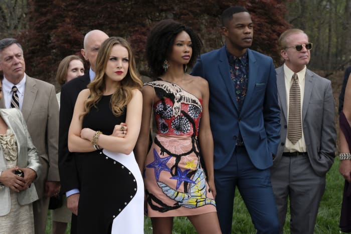 Fallon in Mugler, Monique Colby (Wakeema Hollis) and Jeff Colby (Sam Adegoke). Photo: Photo: Mark Hill/The CW