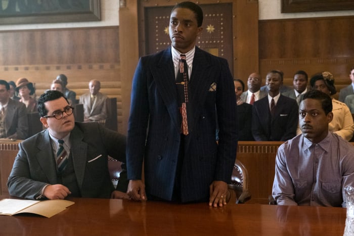 Sam Friedman (Josh Gad), Thurgood Marshall (Chadwick Boseman) and Joseph Spell (Sterling K. Brown). Photo: Open Road Films