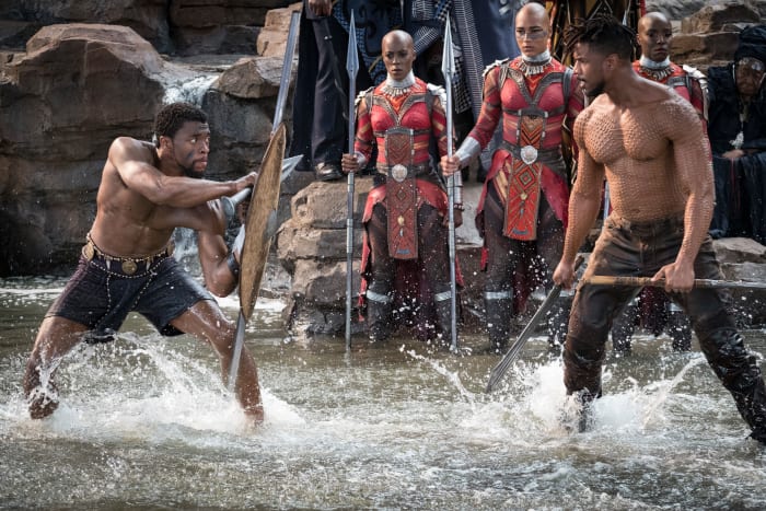 Shameless teaser: T'Challa (Chadwick Boseman) fights Killmonger (Michael B. Jordan) as the Secret Service looks on. Photo: Matt Kennedy ©Marvel Studios 2018