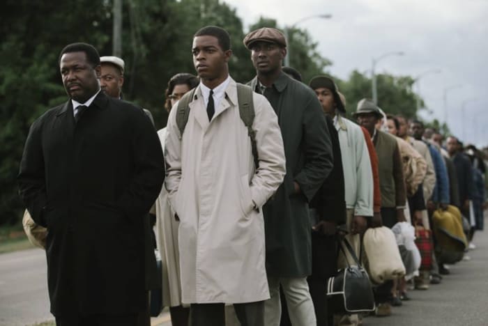 Rev. Hosea Williams (Wendell Pierce) and John Lewis (Stephan James) lead the Bloody Sunday march. Photo: @SelmaMovie/Facebook