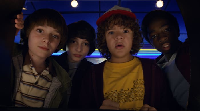 Will (Noah Schnapp), Mike (Finn Wolfhard), Dustin (Gaten Matarazzo) and Lucas (Caleb McLaughlin). Photo: Netflix