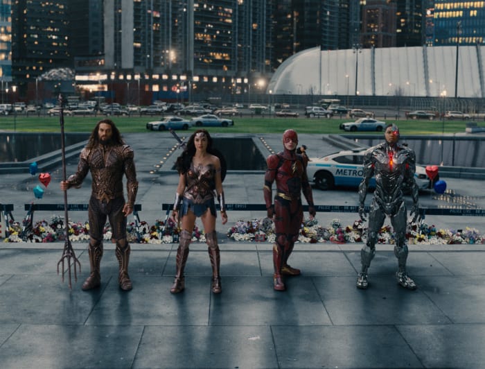 Aquaman (Jason Momoa), Wonder Woman (Gal Gadot), The Flash (Ezra Miller) and Cyborg (Ray Fisher). Photo: Courtesy of Warner Bros. Pictures/ TM & © DC Comics