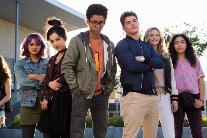 Gert Yorkes (Ariela Barer), Nico Minoru (Lyrica Okano), Alex Wilder (Rhenzy Feliz), Chase Stein (Gregg Sulkin), Karolina Dean (Virginia Gardner), Molly Hernandez (Allegra Acosta). Photo: Paul Sarkis