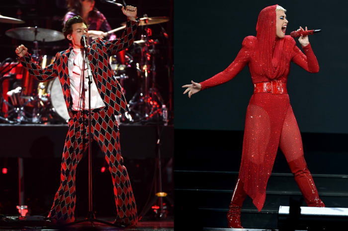 Harry Styles performs at the 2017 iHeartRadio Music Festival in Las Vegas. Photo: Ethan Miller/WireImage; Katy Perry performs at the Staples Center on Nov. 7, 2017 in Los Angeles. Photo: Kevin Winter/Getty Images