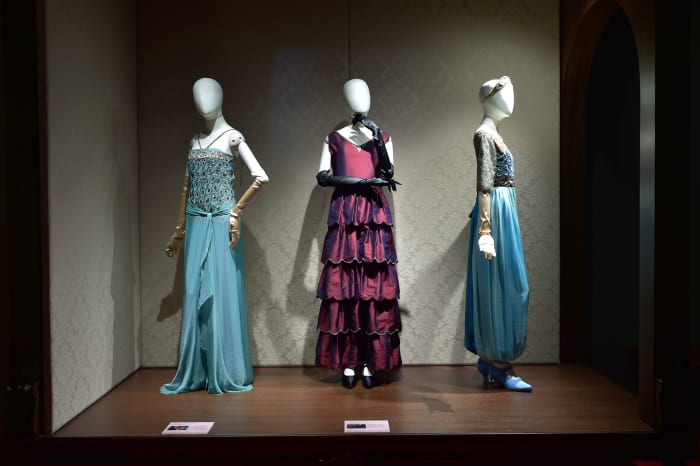 Edith's Criteron dress, Lady Mary's wedding proposal dress and Sybil's harem pants on display during the soft launch in Singapore. Photo: Courtesy