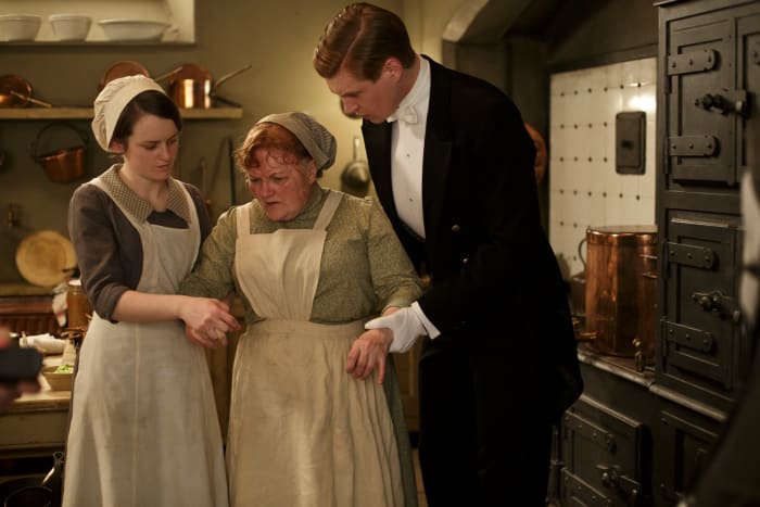Daisy (Sophie McShera), Mrs. Patmore (Lesley Nicol) and Alfred (Matt Milne). Photo: NBCUniversal International Studios