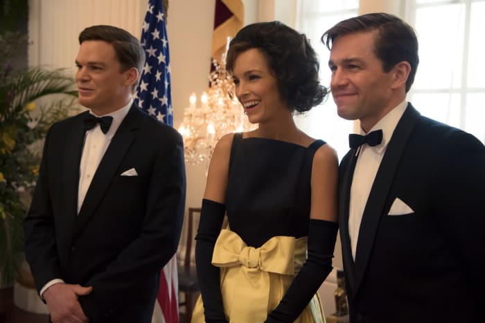 John F. Kennedy (Michael C. Hall), Jackie Kennedy and Bobby Kennedy (Julian Ovenden) in episode eight. Photo: Alex Bailey/Netflix