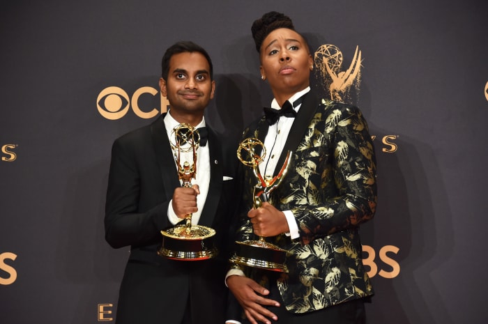 Aziz Ansari and Lena Waithe, in Alba, at the 2017 Emmy Awards. Photo: Alberto E. Rodriguez/Getty Images