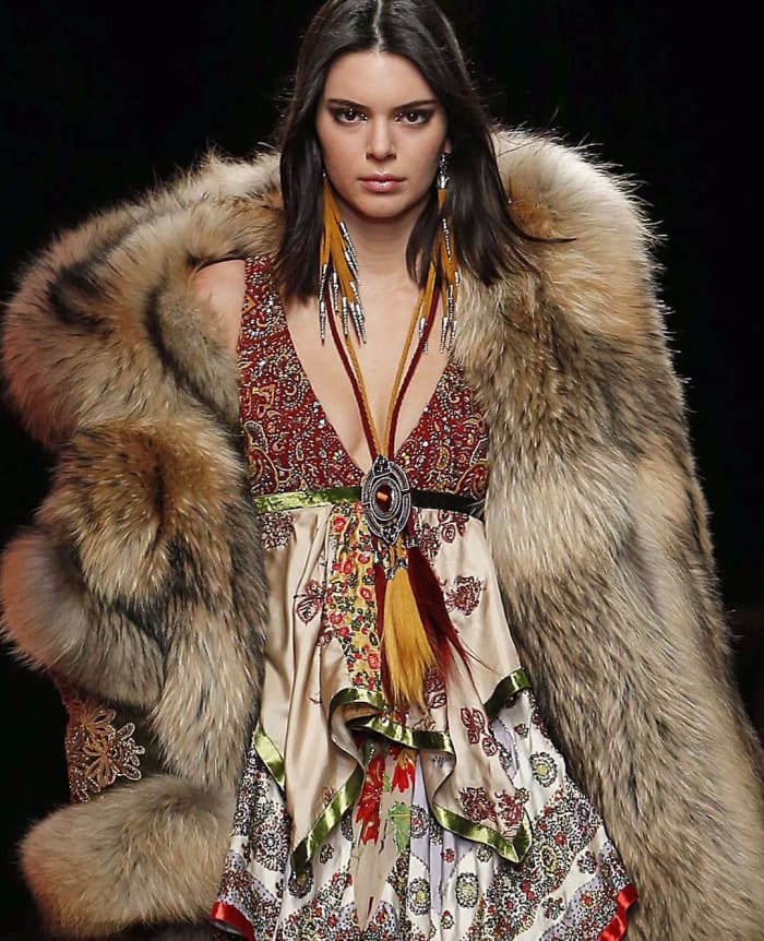 Kendall Jenner and her giant fur jacket at the Dsquared2 show during Milan Men's Fashion Week. Photo: @dsquared2/Instagram