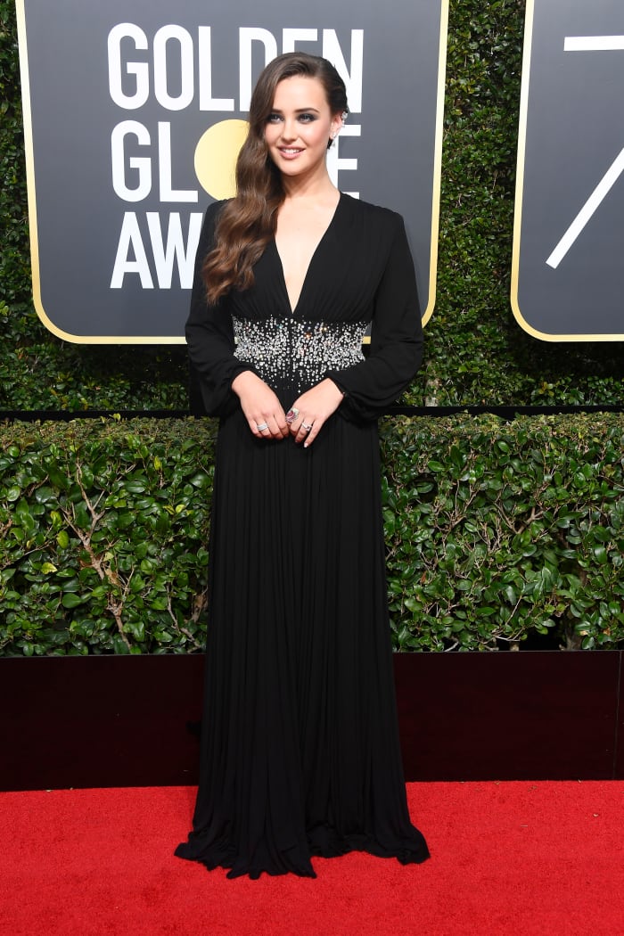 Katherine Langford in a custom Prada gown styled by Molly Dickson. Photo: Frazer Harrison/Getty Images