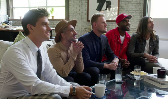 Left to right, Porowski, France, Berk, Brown and Van Ness watch the episode's hero ready himself for his big debut event. Photo: Netflix