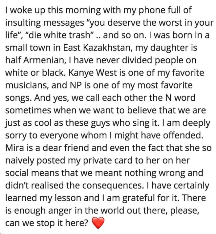 Ulyana Sergeenko's apology. Photo: @ulyanasergeenko/Instagram