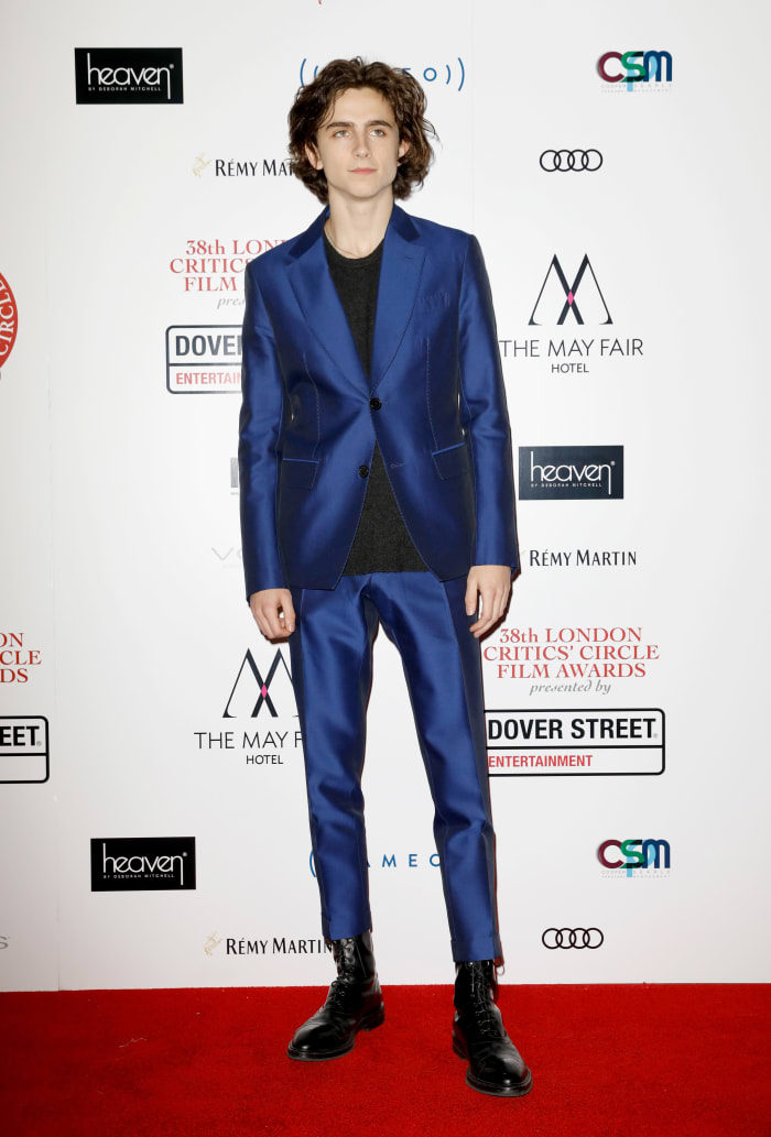 Timothée Chalamet in Berluti at the London Film Critics Circle Awards. Photo: Tristan Fewings/Getty Images