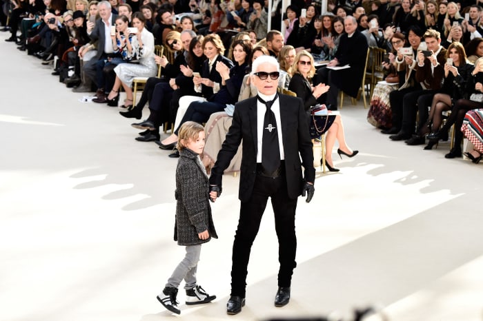 Karl Lagerfeld and his godson Hudson Kroenig at Chanel's Fall 2016 runway show. Photo: Pascal Le Segretain/Getty Images