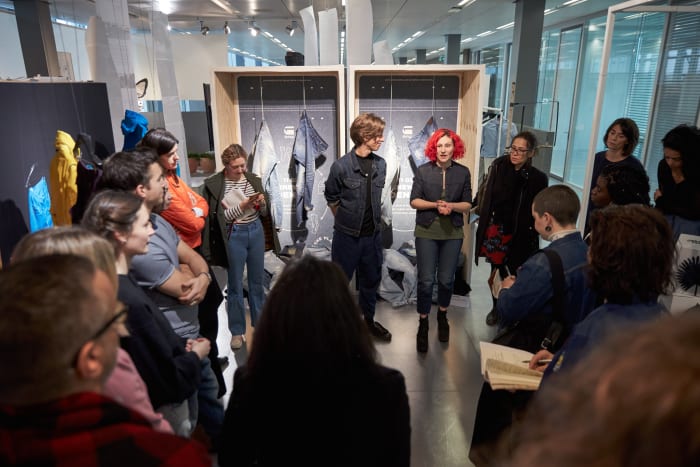 Adriana Galijasevic leads a tour describing G-Star's history of sustainability at the brand's Amsterdam headquarters. Photo: G-Star Raw