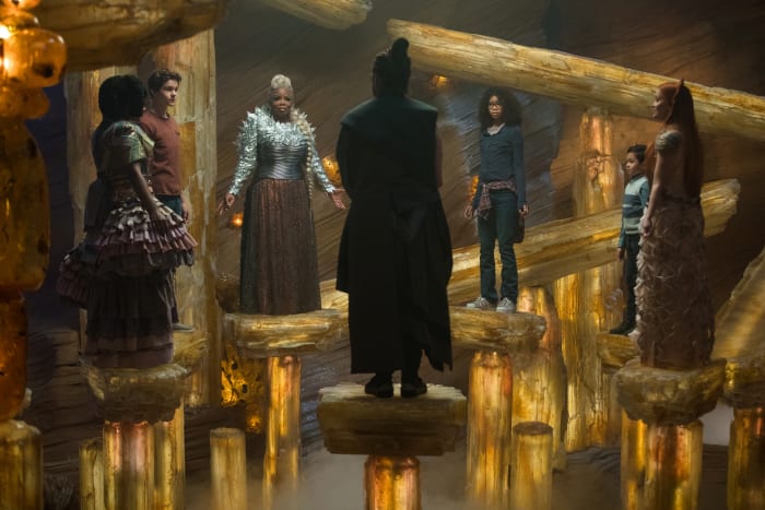 From left to right: Mrs. Who, Calvin (Levi Miller), Mrs. Which, the Happy Medium (Zach Galifianakis), Meg, Charles Wallace (Deric McCabe) and Mrs. Whatsit. Photo: Atsushi Nishijima/Disney