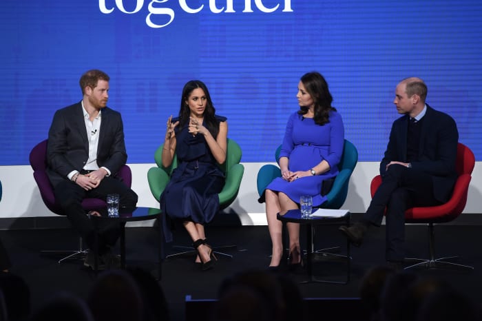 Prince Harry, Meghan Markle, Kate Middleton and Prince William at the first annual Royal Foundation Forum in London. Photo: Eddie Mulholland - WPA Pool/Getty Images