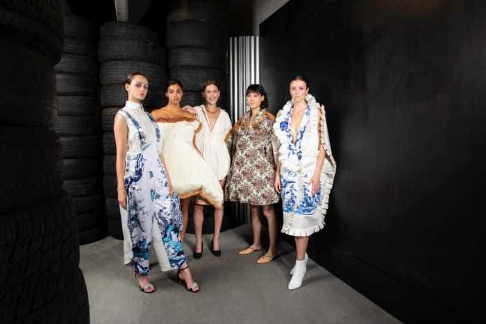 Mary Catherine Crisp (center) with models wearing looks from her SCAD Fashion 2019 collection. Photo: Courtesy of SCAD