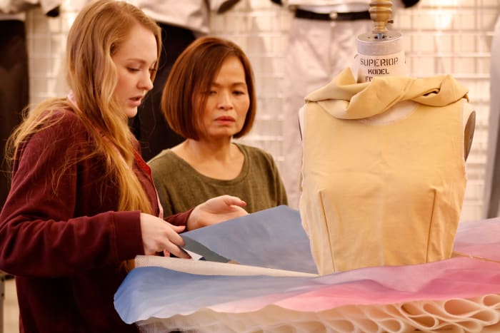 Fashion Lecturer Jenny Kemala discussing the design process with student Ashlee Riegler. Photo: Courtesy of Ed Atlas