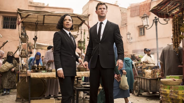 Agent M (Tessa Thompson) and Agent H (Chris Hemsworth). Photo: Giles Keyte/Sony Pictures Entertainment