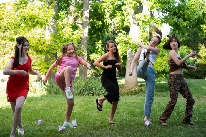 Ginger, Baby, Posh, Anna as Sporty and Maya as Scary, while still clad in the flip-flops. Photo: Alex Lombardi/Courtesy of Hulu