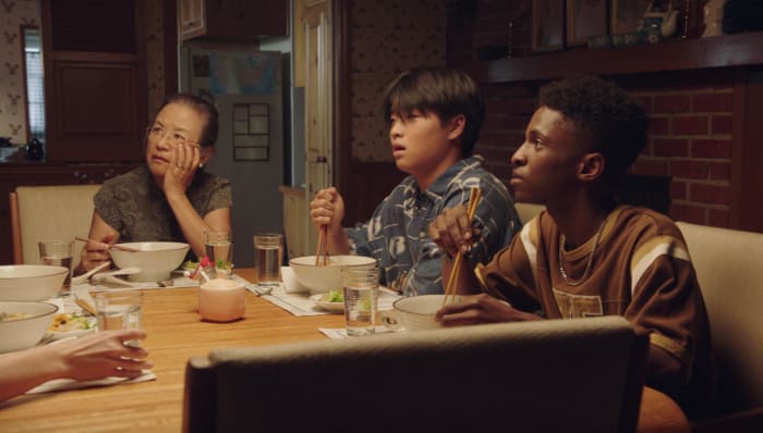 Yuki Iishi-Peters (Mutsuko Erskine), Shuji (Dallas Liu) and Evan (Allius Barnes). Photo: Screengrab 'PEN15'/Hulu