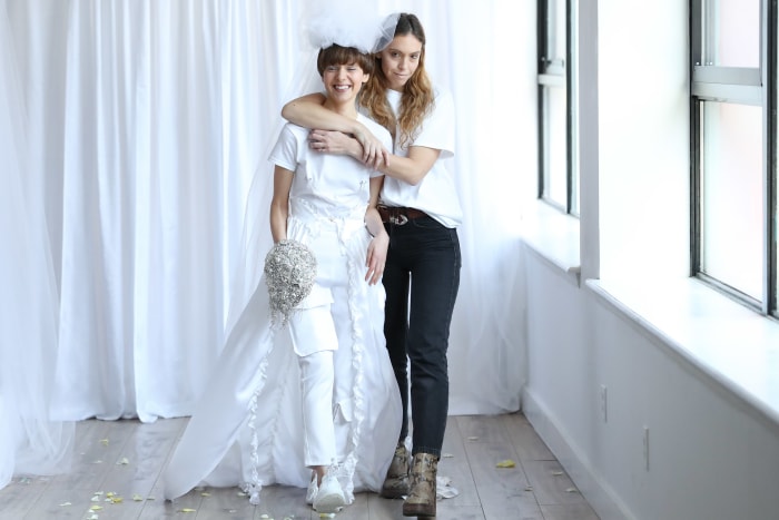 Designer Hillary Taymour and model walk the runway at the Collina Strada Fall 2018 runway show. Photo: JP Yim/Getty Images